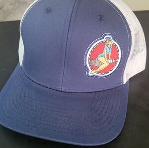 Blue and White Trucker Hat with Sexy Mechanic Graphic Patch